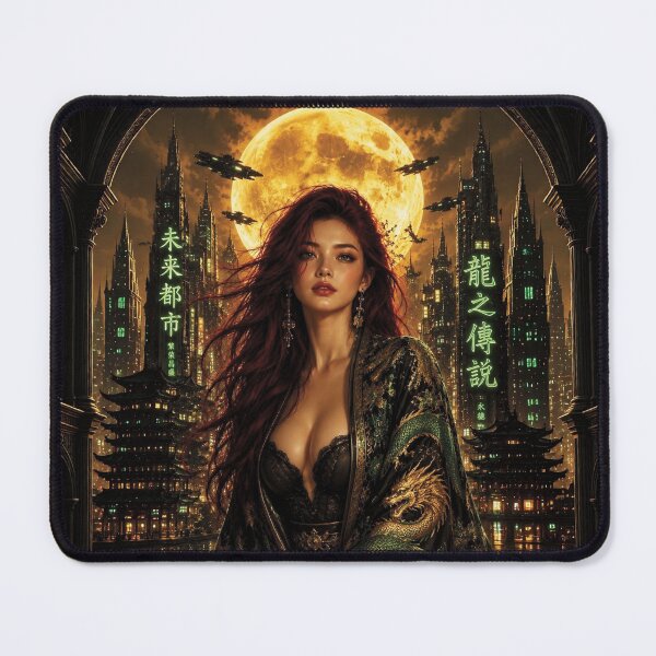 Item preview, Cyberpunk Dragon Robe Portrait of Caucasian Woman with burgundy red hair designed and sold by Lucia Amaris Art.