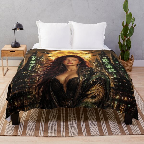 Item preview, Cyberpunk Dragon Robe Portrait of Caucasian Woman with burgundy red hair designed and sold by Lucia Amaris Art.