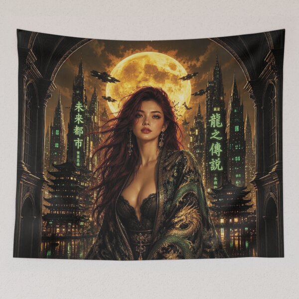 Item preview, Cyberpunk Dragon Robe Portrait of Caucasian Woman with burgundy red hair  designed and sold by Lucia Amaris Art.
