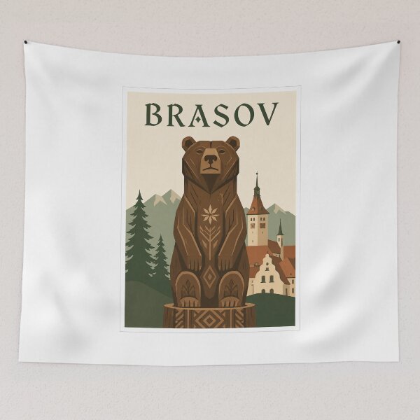 Item preview, Brașov Carved Bear Travel Poster designed and sold by Beyond Destinations.