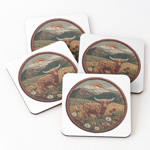 Item preview, Highland cow Patch in mountain landscape designed and sold by filou designs.