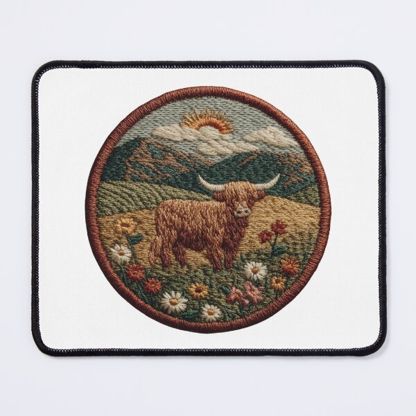 Item preview, Highland cow Patch in mountain landscape designed and sold by filou designs.