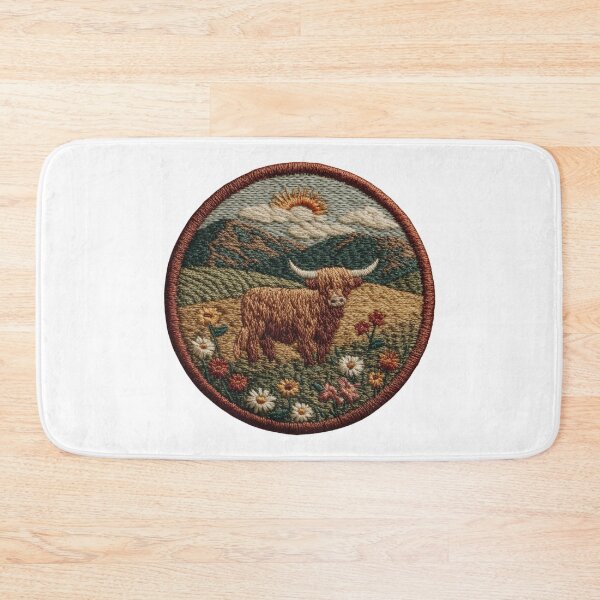 Item preview, Highland cow Patch in mountain landscape designed and sold by filou designs.