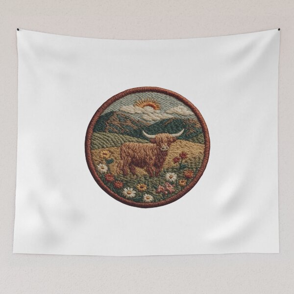 Item preview, Highland cow Patch in mountain landscape designed and sold by filou designs.