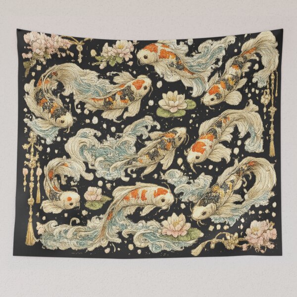 Item preview, Japanese Koi Fish Seamless Pattern | Traditional Sakura & Ocean Waves Botanical Illustration designed and sold by AvalonTshirts.