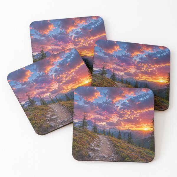 Item preview, Mountain Trail at Vibrant Sunset with Dramatic Sky and Alpine Peaks designed and sold by Wild Bloom Paws.