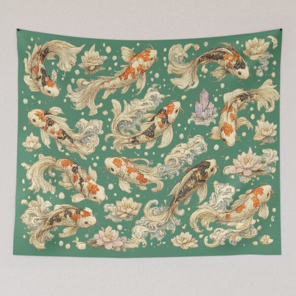 Item preview, Japanese Koi Fish Seamless Pattern | Traditional Sakura & Ocean Waves Botanical Illustration designed and sold by AvalonTshirts.