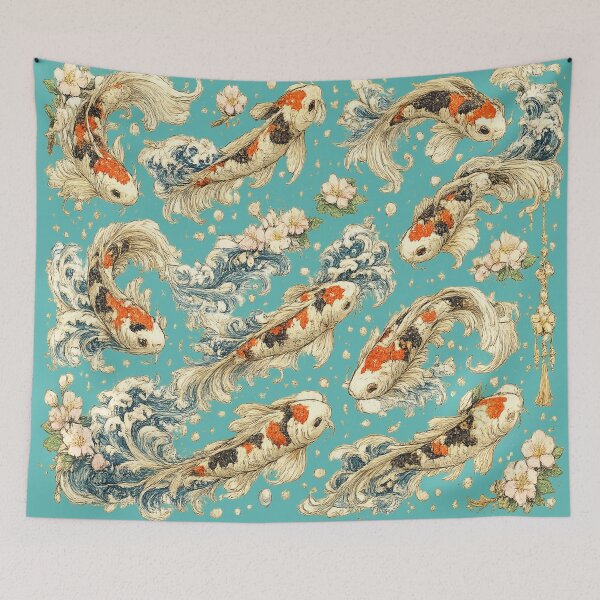 Item preview, Japanese Koi Fish Seamless Pattern | Traditional Sakura & Ocean Waves Botanical Illustration designed and sold by AvalonTshirts.