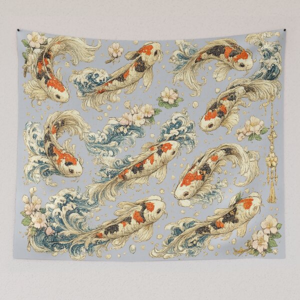 Item preview, Japanese Koi Fish Seamless Pattern | Traditional Sakura & Ocean Waves Botanical Illustration designed and sold by AvalonTshirts.