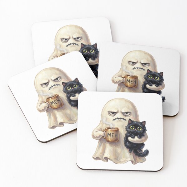 Item preview, Tired Ghost Holding Black Cat And Coffee Meh Funny Spooky designed and sold by raedattia.