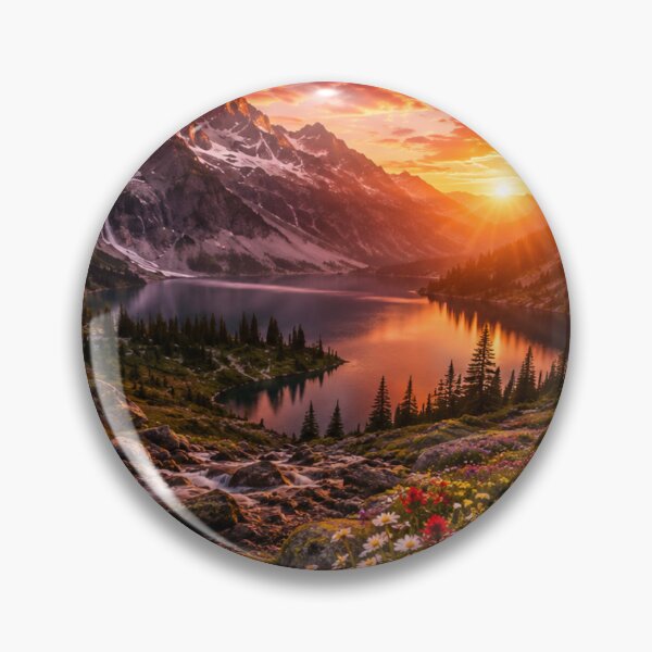 Item preview, Alpine Lake at Sunset with Wildflowers, Waterfall and Mountain Peaks  designed and sold by Wild Bloom Paws.