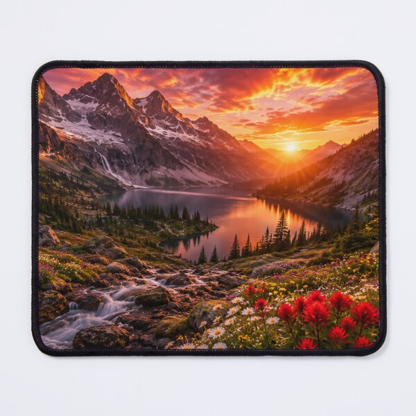 Item preview, Alpine Lake at Sunset with Wildflowers, Waterfall and Mountain Peaks designed and sold by Wild Bloom Paws.