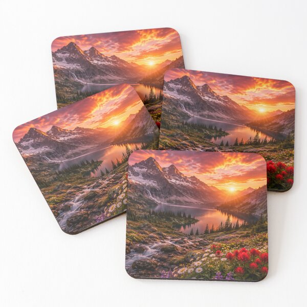 Item preview, Alpine Lake at Sunset with Wildflowers, Waterfall and Mountain Peaks  designed and sold by Wild Bloom Paws.