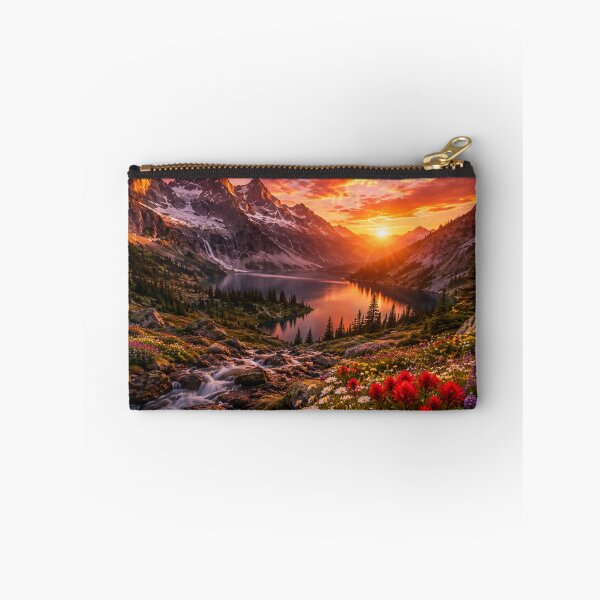 Item preview, Alpine Lake at Sunset with Wildflowers, Waterfall and Mountain Peaks  designed and sold by Wild Bloom Paws.