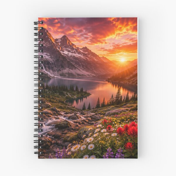 Item preview, Alpine Lake at Sunset with Wildflowers, Waterfall and Mountain Peaks  designed and sold by Wild Bloom Paws.