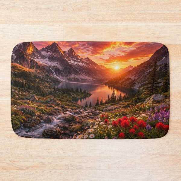 Item preview, Alpine Lake at Sunset with Wildflowers, Waterfall and Mountain Peaks  designed and sold by Wild Bloom Paws.