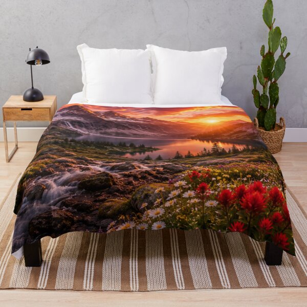 Item preview, Alpine Lake at Sunset with Wildflowers, Waterfall and Mountain Peaks  designed and sold by Wild Bloom Paws.
