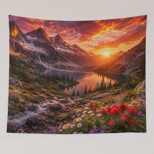 Item preview, Alpine Lake at Sunset with Wildflowers, Waterfall and Mountain Peaks  designed and sold by Wild Bloom Paws.