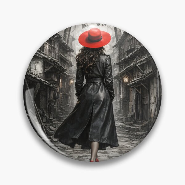 Item preview, Woman in Red Hat Walking Through Old Japan – Gothic Black and White Travel Print designed and sold by Kaleidoscope Print.