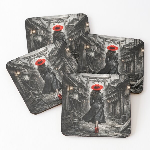 Item preview, Woman in Red Hat Walking Through Old Japan – Gothic Black and White Travel Print designed and sold by Kaleidoscope Print.
