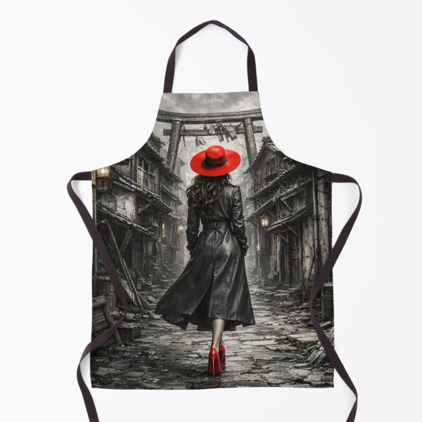 Item preview, Woman in Red Hat Walking Through Old Japan – Gothic Black and White Travel Print designed and sold by Kaleidoscope Print.