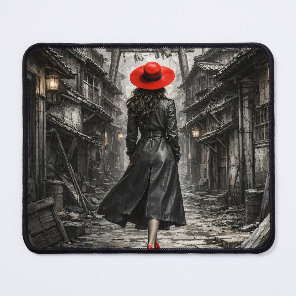 Item preview, Woman in Red Hat Walking Through Old Japan – Gothic Black and White Travel Print designed and sold by Kaleidoscope Print.