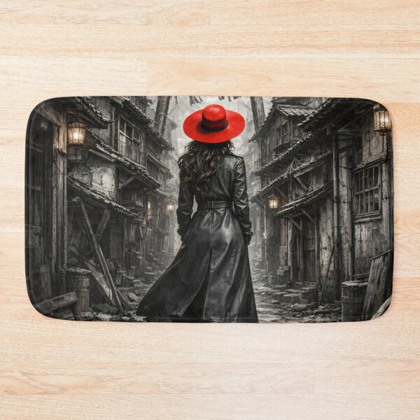 Item preview, Woman in Red Hat Walking Through Old Japan – Gothic Black and White Travel Print designed and sold by Kaleidoscope Print.