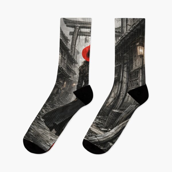 Item preview, Woman in Red Hat Walking Through Old Japan – Gothic Black and White Travel Print designed and sold by Kaleidoscope Print.