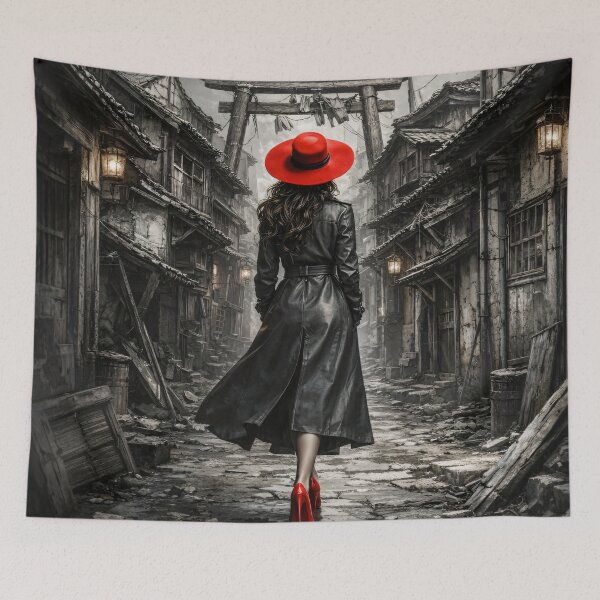 Item preview, Woman in Red Hat Walking Through Old Japan – Gothic Black and White Travel Print designed and sold by Kaleidoscope Print.