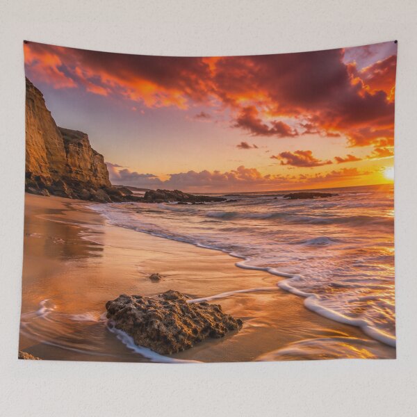 Item preview, Golden Sunset Beach with Coastal Cliffs and Rolling Ocean Waves designed and sold by Wild Bloom Paws.