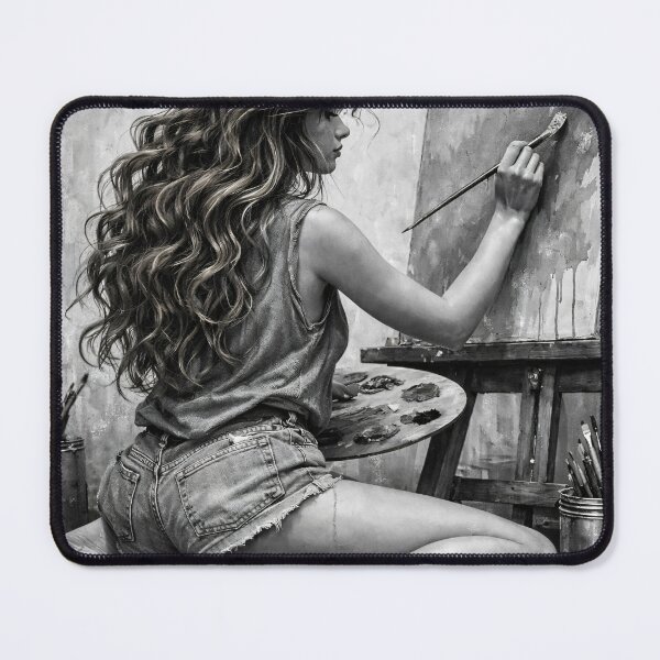 Item preview, Black and White Female Artist Painting – Creative Studio Portrait Art Print designed and sold by Kaleidoscope Print.