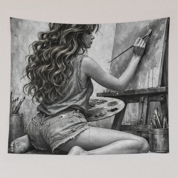 Item preview, Black and White Female Artist Painting – Creative Studio Portrait Art Print designed and sold by Kaleidoscope Print.