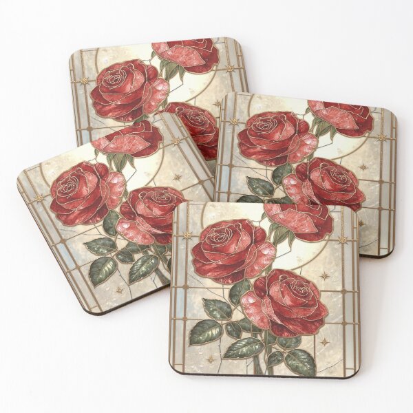 Item preview, Red roses, gold, elegant stained glass art designed and sold by BriSher.