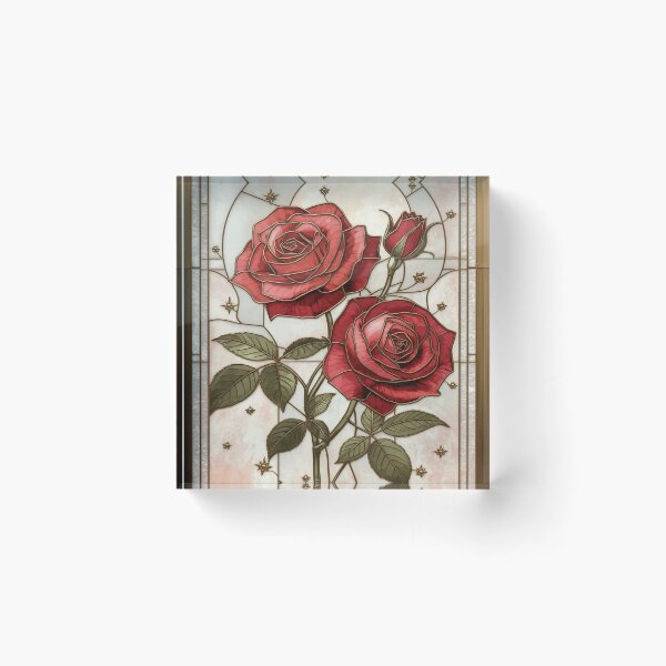Item preview, Red roses, gold, elegant stained glass art designed and sold by BriSher.