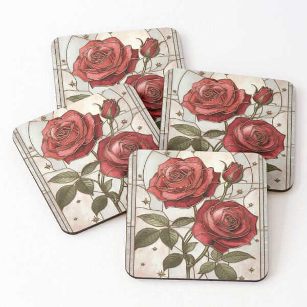 Item preview, Red roses, gold, elegant stained glass art designed and sold by BriSher.