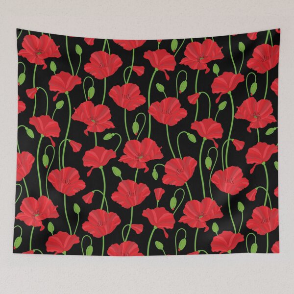 Item preview, Red poppy flowers and buds pattern on black background. designed and sold by The Pattern Mill.