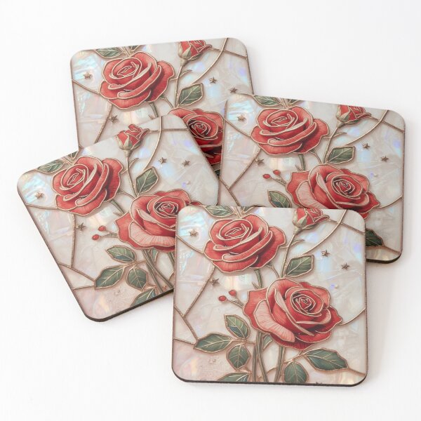 Item preview, Red roses, gold, elegant stained glass art designed and sold by BriSher.