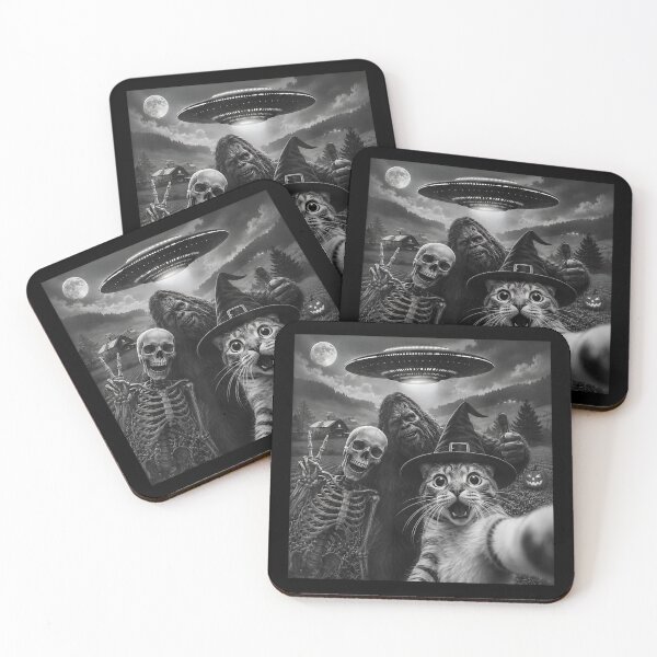 Item preview, Funny Halloween Selfie Cat Bigfoot Skeleton UFO Spooky Friends Together designed and sold by Serene woods.