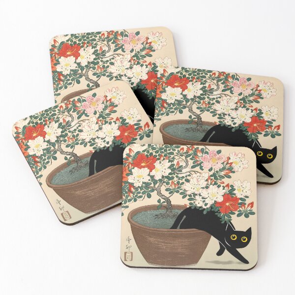 Item preview, Curious Black Cat and Blooming Azalea Bonsai  designed and sold by PurrfectHome.
