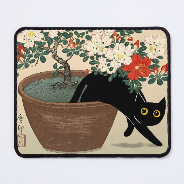Item preview, Curious Black Cat and Blooming Azalea Bonsai designed and sold by PurrfectHome.