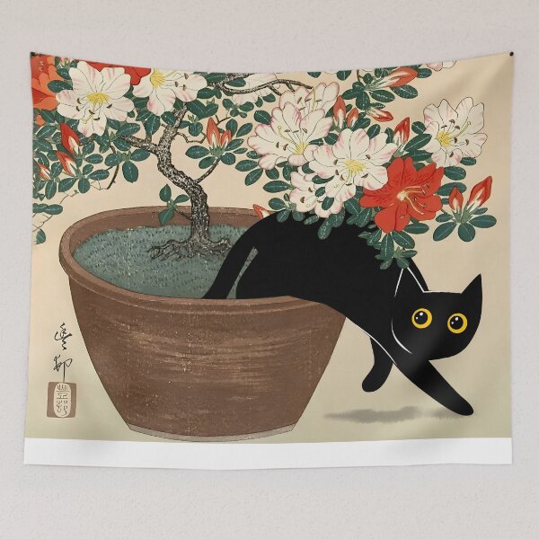 Item preview, Curious Black Cat and Blooming Azalea Bonsai  designed and sold by PurrfectHome.