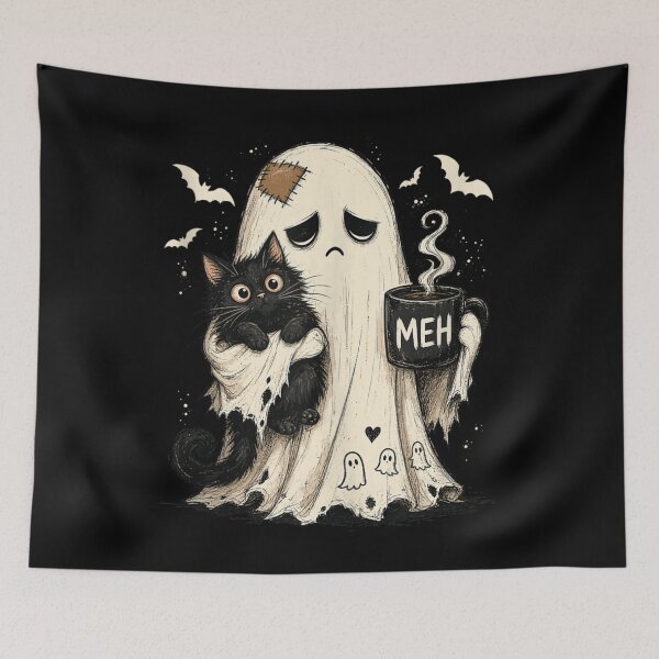 Item preview, Sad Ghost Hugging Black Cat Coffee Cozy Halloween Autumn Mood designed and sold by Taniyah Gomes.