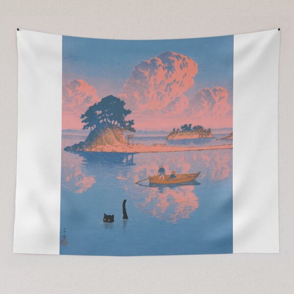 Item preview, Swimming Black Cat in Japanese Woodblock Landscape designed and sold by PurrfectHome.