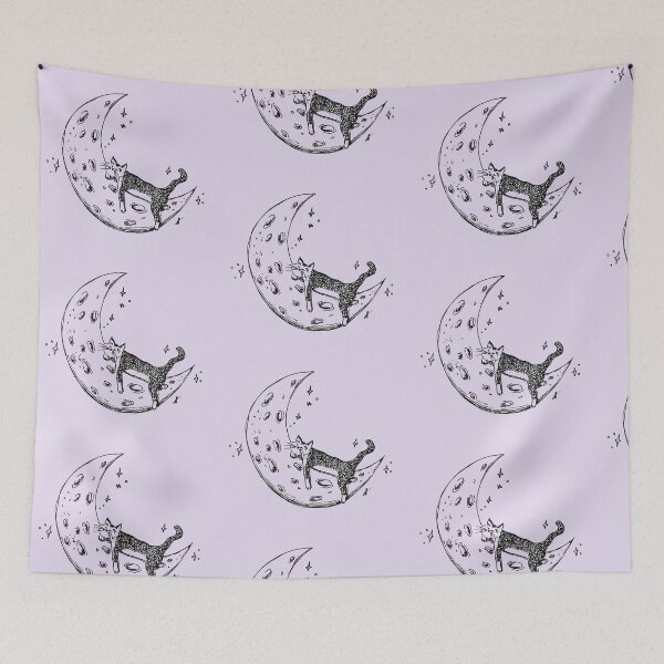 Item preview, Cat Sleeps on Moon - Whimsical Celestial Line Art Black Marker Hand Drawing Lavender designed and sold by BOKEbyTC.