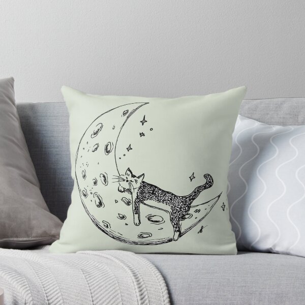Item preview, Cat Sleeps on Moon - Whimsical Celestial Line Art Black Marker Hand Drawing Sage Green designed and sold by BOKEbyTC.