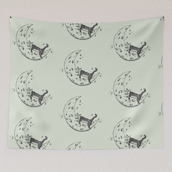 Item preview, Cat Sleeps on Moon - Whimsical Celestial Line Art Black Marker Hand Drawing Sage Green designed and sold by BOKEbyTC.
