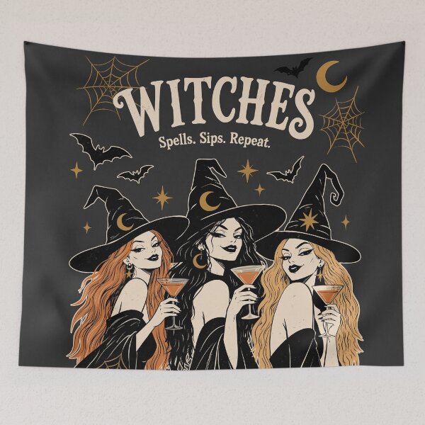 Item preview, Halloween 3 Witches Party Print| Spells Sips Repeat | Stylish Black Witch Halloween GraphicIllustration | Witchy Girls Halloween Gift designed and sold by MonNoir.