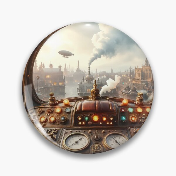 Item preview, Steampunk Airship Cockpit Panoramic View Industrial City Art designed and sold by dougkeder.
