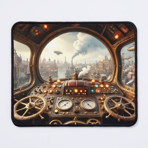 Item preview, Steampunk Airship Cockpit Panoramic View Industrial City Art designed and sold by dougkeder.