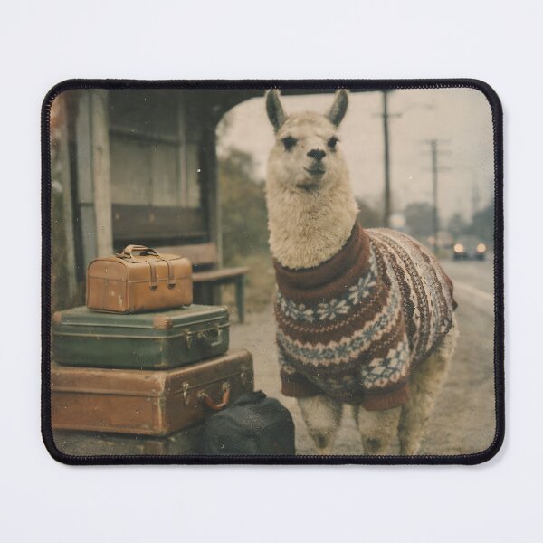 Item preview, Llama Waiting at a Bus Stop Wall Art | Cozy Sweater Llama with Luggage | Retro Photography Aesthetic Vintage Travel Print designed and sold by PaintedPixels01.